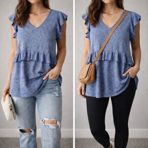 Ces Femme Blue Ruffle Sleeve Top
